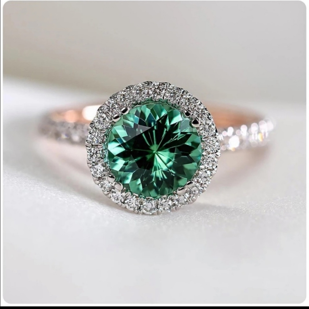 New Two Tone 925 Silver Women Emerald Jewelry Ring - Picture 3 of 4
